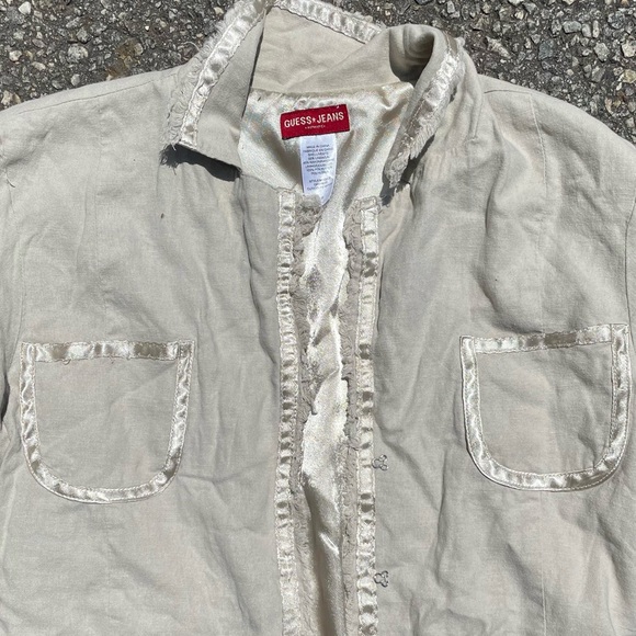 Guess Linen Satin Beige Crème Blazer Jacket Pockets Women’s Small Petite Summer - Picture 5 of 5